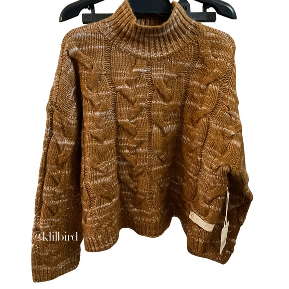 A.N.A Nutmeg Brown Cable Knit Mock Neck Sweater L Chunky Cozy Fall Winter Layer - Picture 6 of 12